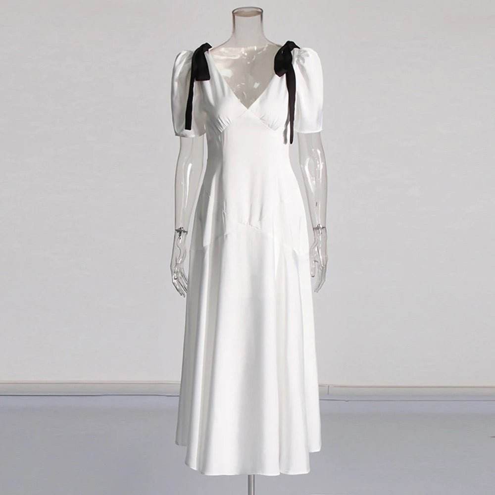 Satin Bow Short Sleeved V-Neck Sexy Long Dress - REBECATHELABEL