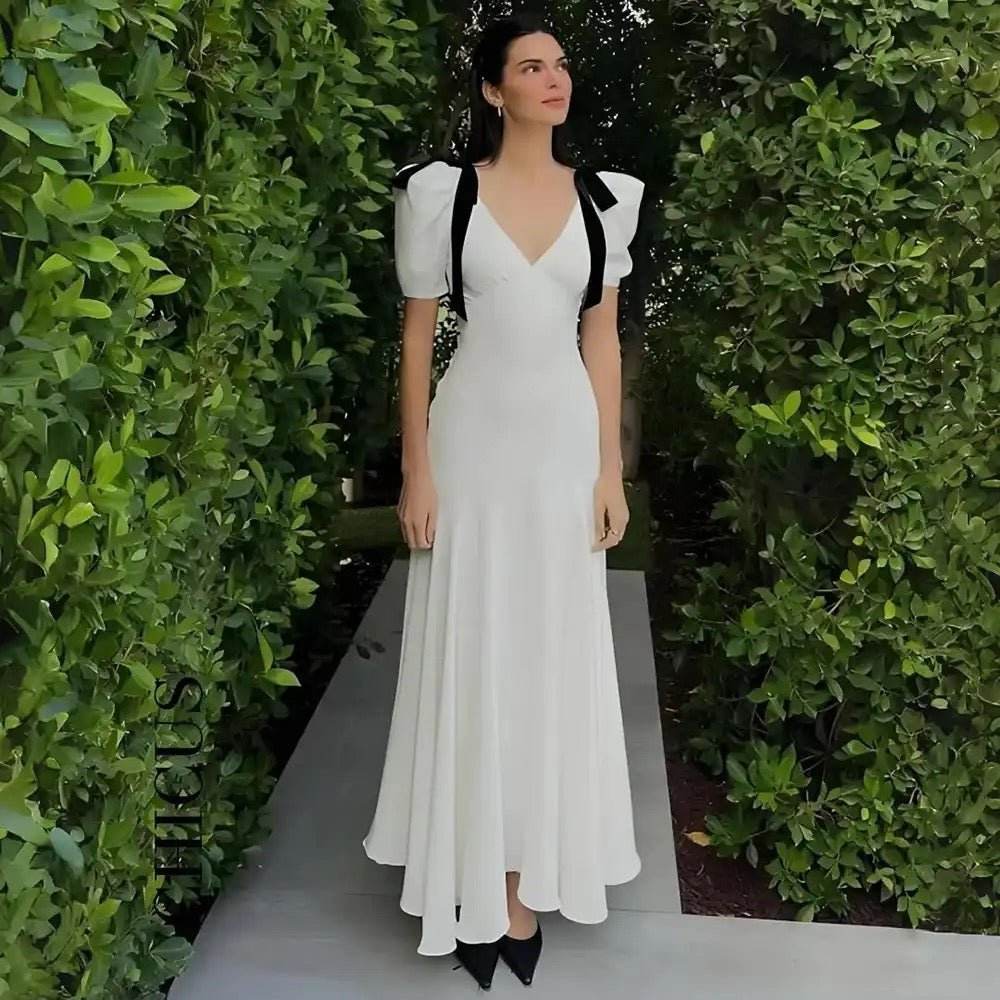 Satin Bow Short Sleeved V-Neck Sexy Long Dress - REBECATHELABEL