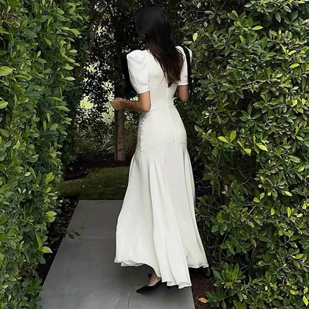 Satin Bow Short Sleeved V-Neck Sexy Long Dress - REBECATHELABEL