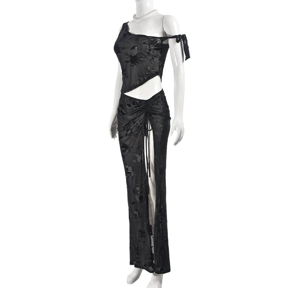 See Through Flocking Lace Up Sexy Cropped Exposed One Shoulder Top Skirt Set - REBECATHELABEL