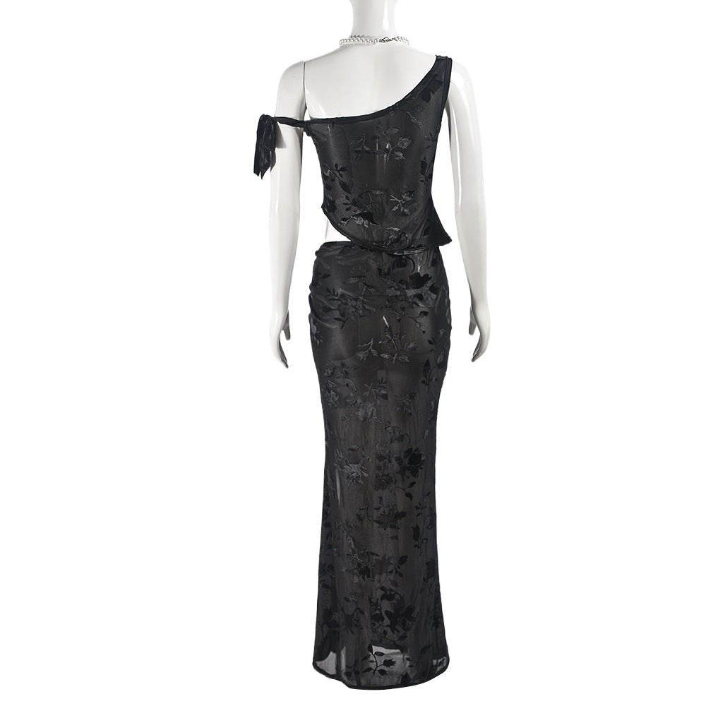 See Through Flocking Lace Up Sexy Cropped Exposed One Shoulder Top Skirt Set - REBECATHELABEL