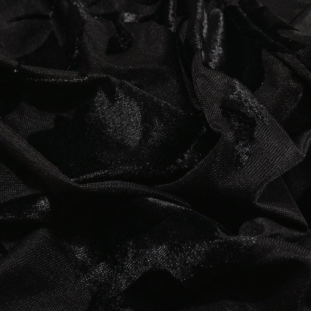 See Through Flocking Lace Up Sexy Cropped Exposed One Shoulder Top Skirt Set - REBECATHELABEL