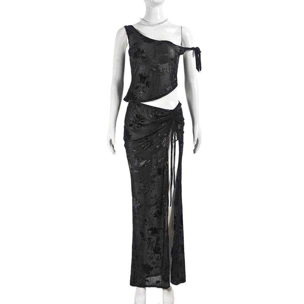 See Through Flocking Lace Up Sexy Cropped Exposed One Shoulder Top Skirt Set - REBECATHELABEL