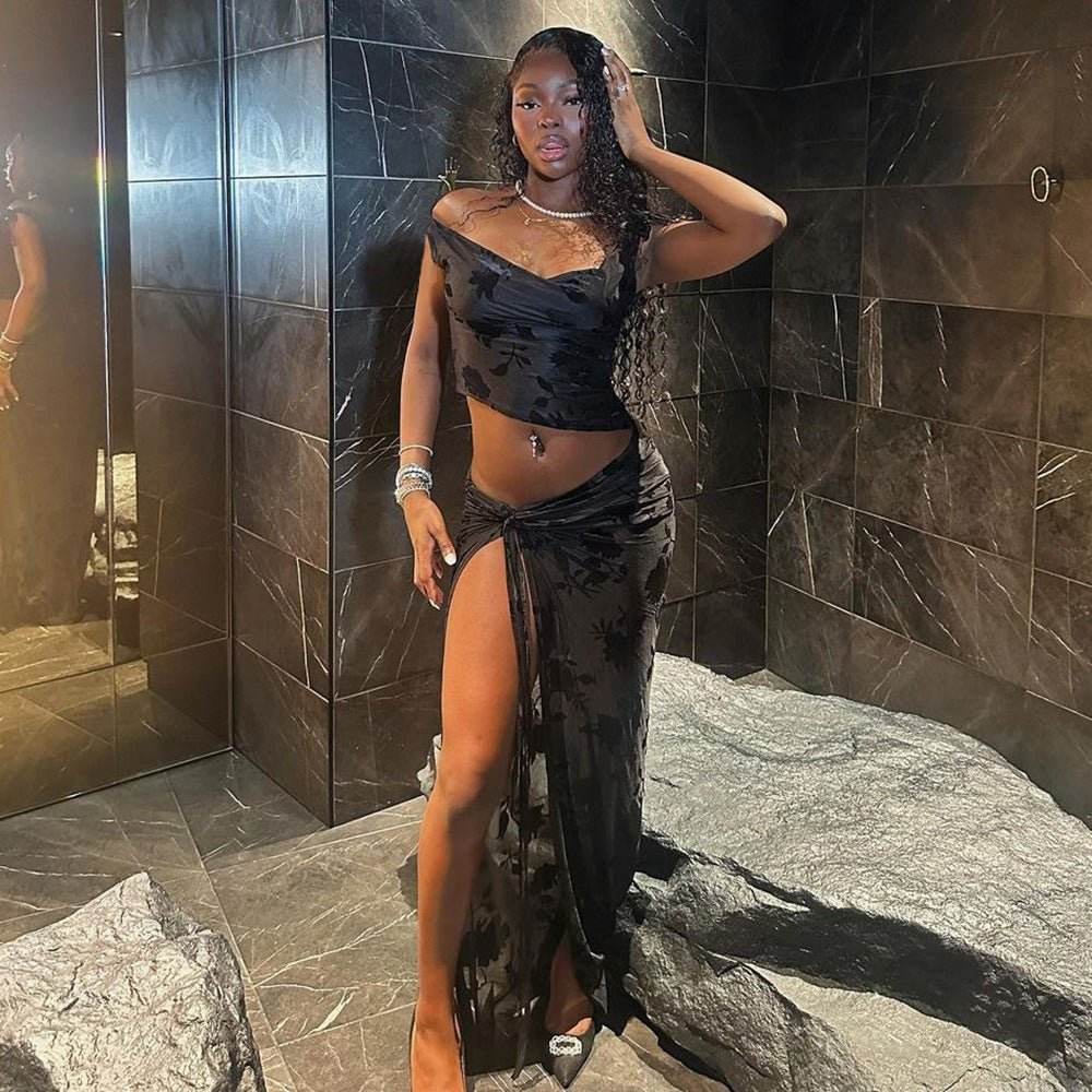 See Through Flocking Lace Up Sexy Cropped Exposed One Shoulder Top Skirt Set - REBECATHELABEL