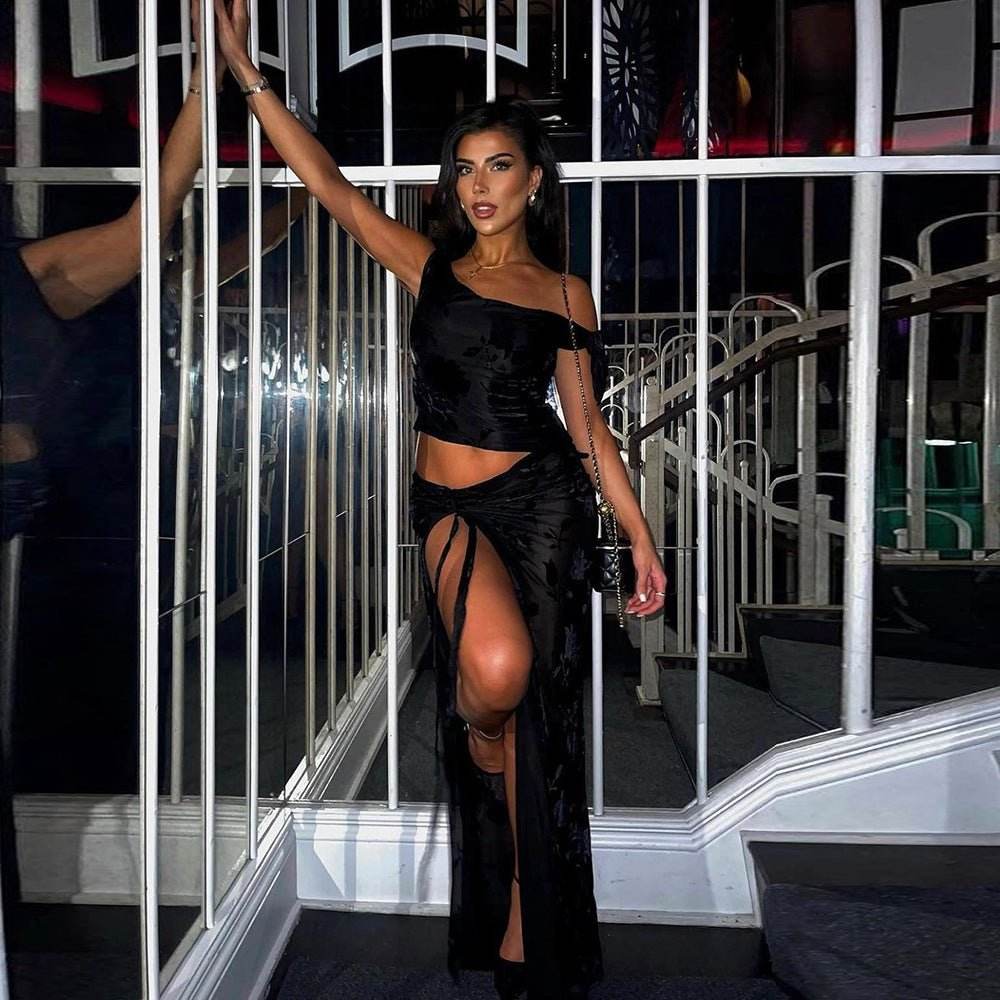 See Through Flocking Lace Up Sexy Cropped Exposed One Shoulder Top Skirt Set - REBECATHELABEL