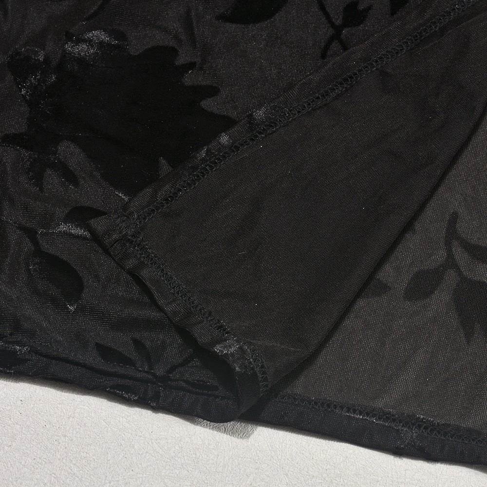 See Through Flocking Lace Up Sexy Cropped Exposed One Shoulder Top Skirt Set - REBECATHELABEL