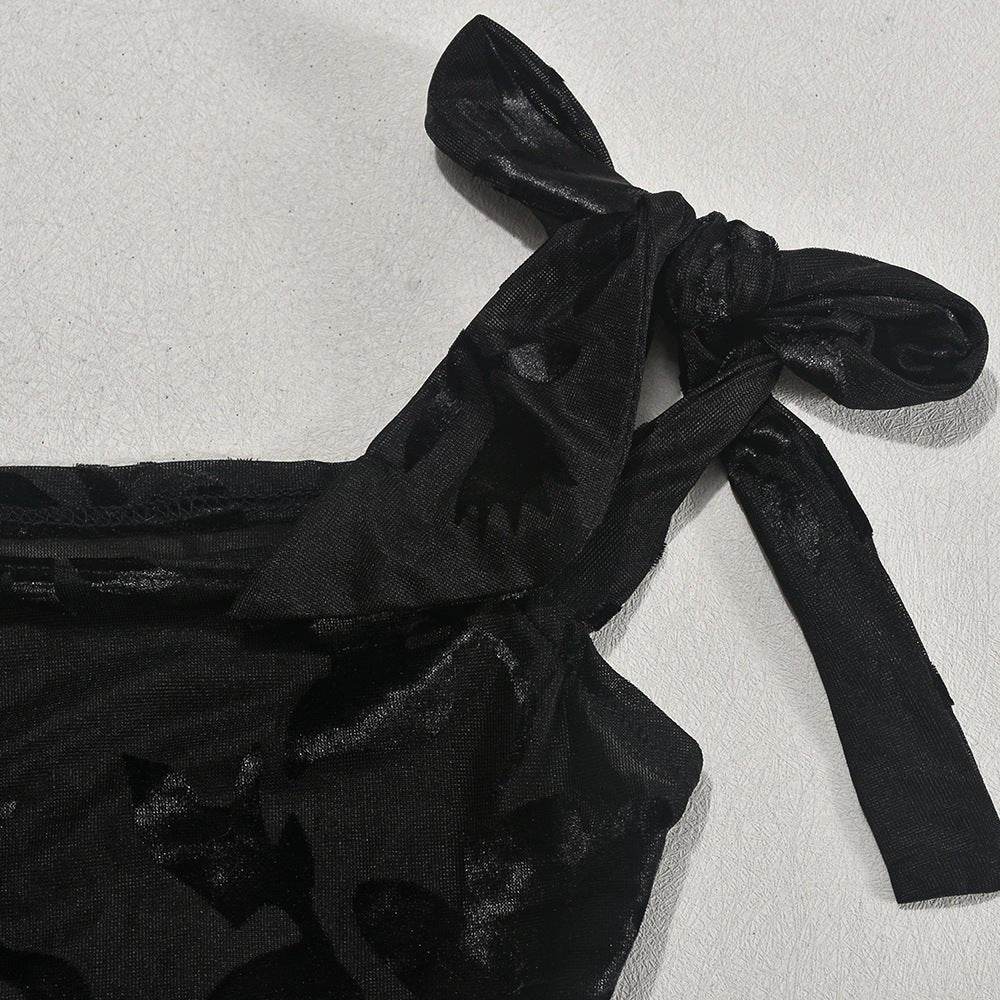 See Through Flocking Lace Up Sexy Cropped Exposed One Shoulder Top Skirt Set - REBECATHELABEL