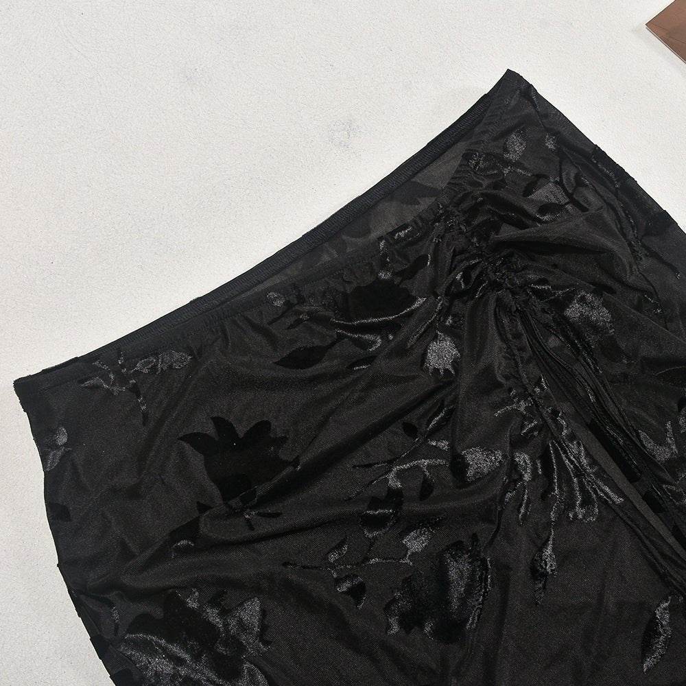 See Through Flocking Lace Up Sexy Cropped Exposed One Shoulder Top Skirt Set - REBECATHELABEL