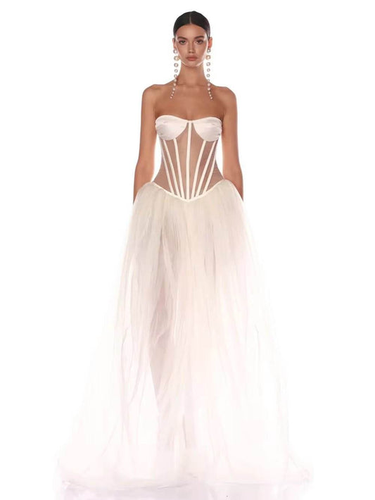 See Through Gauze Dress Off Shoulder Sexy Lace up Backless dress - REBECATHELABEL