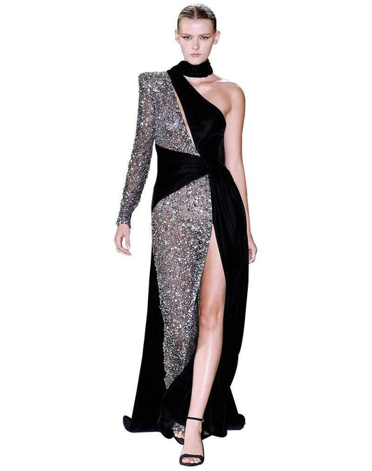 Sequin Patchwork One Shoulder Long Sleeve Split Maxi Dresse - REBECATHELABEL