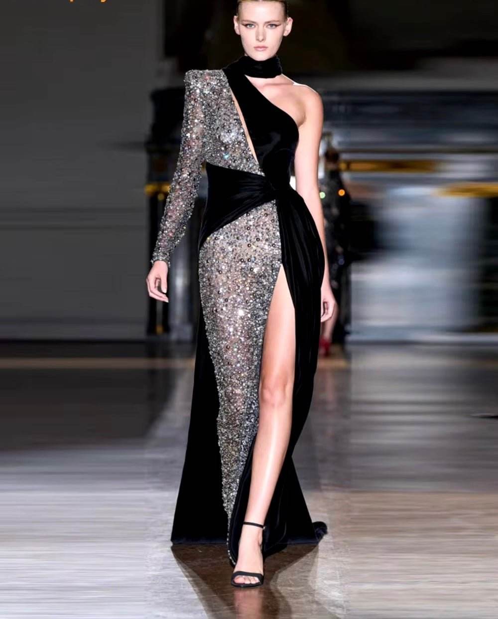 Sequin Patchwork One Shoulder Long Sleeve Split Maxi Dresse - REBECATHELABEL