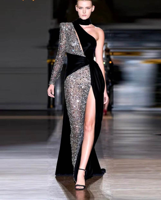 Sequin Patchwork One Shoulder Long Sleeve Split Maxi Dresse - REBECATHELABEL