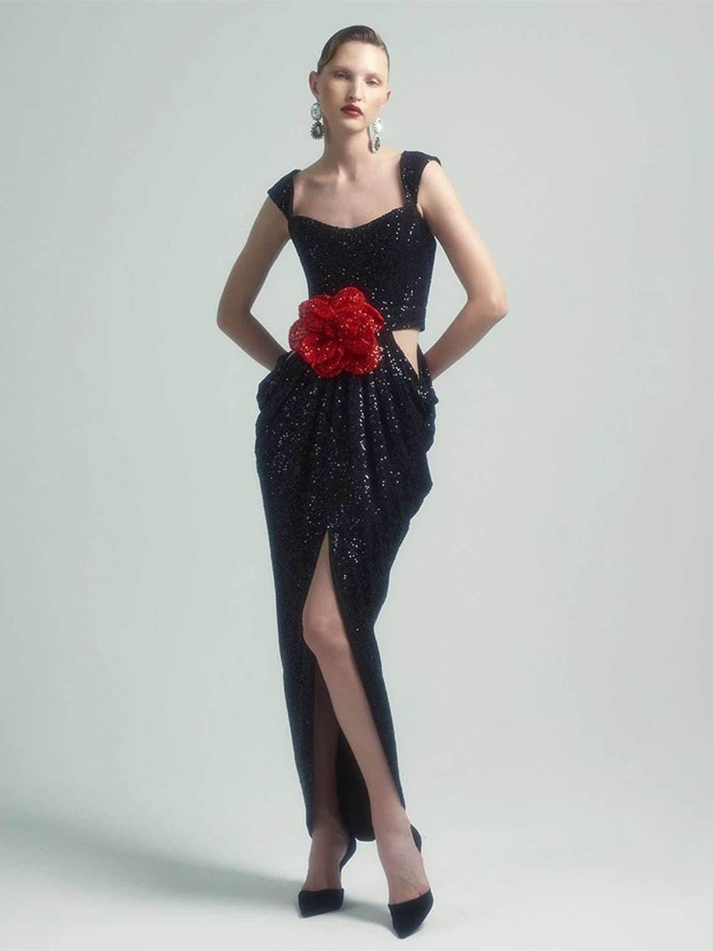 Sequins 3D Flower High Waist Slim Fit Long Dress - REBECATHELABEL