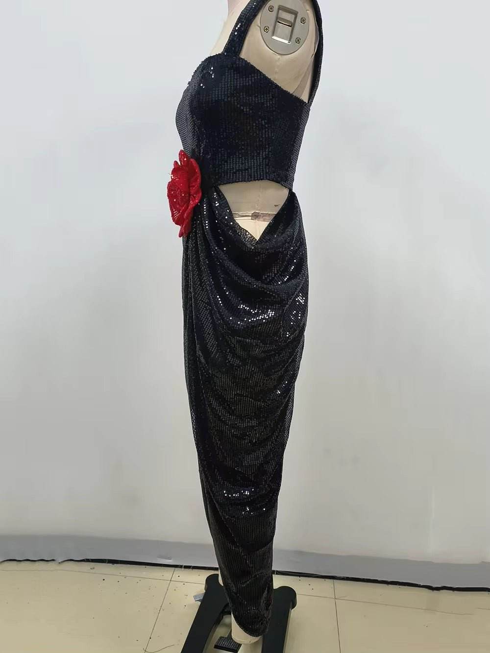 Sequins 3D Flower High Waist Slim Fit Long Dress - REBECATHELABEL