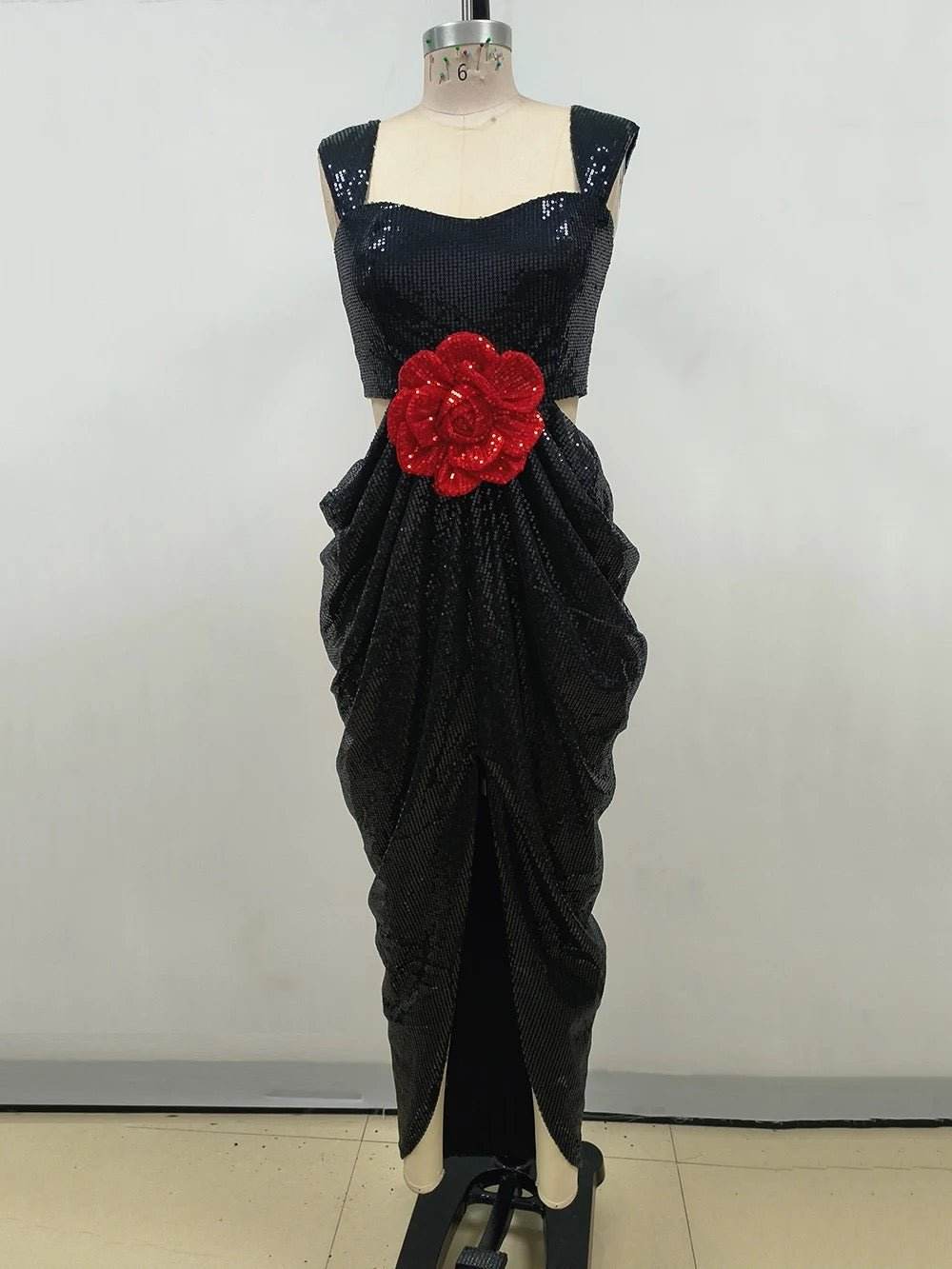 Sequins 3D Flower High Waist Slim Fit Long Dress - REBECATHELABEL