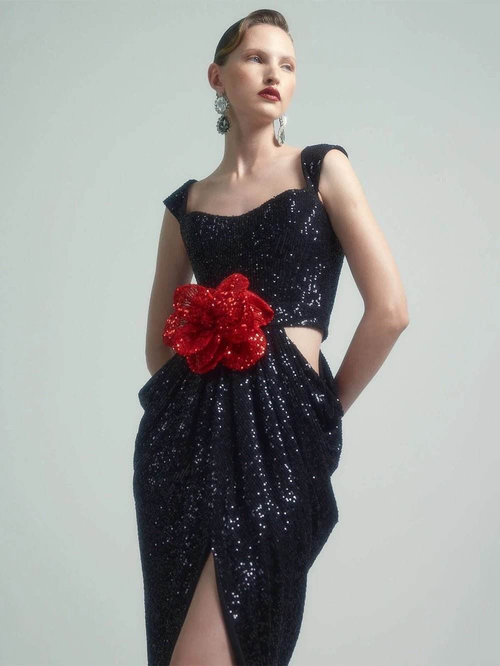 Sequins 3D Flower High Waist Slim Fit Long Dress - REBECATHELABEL