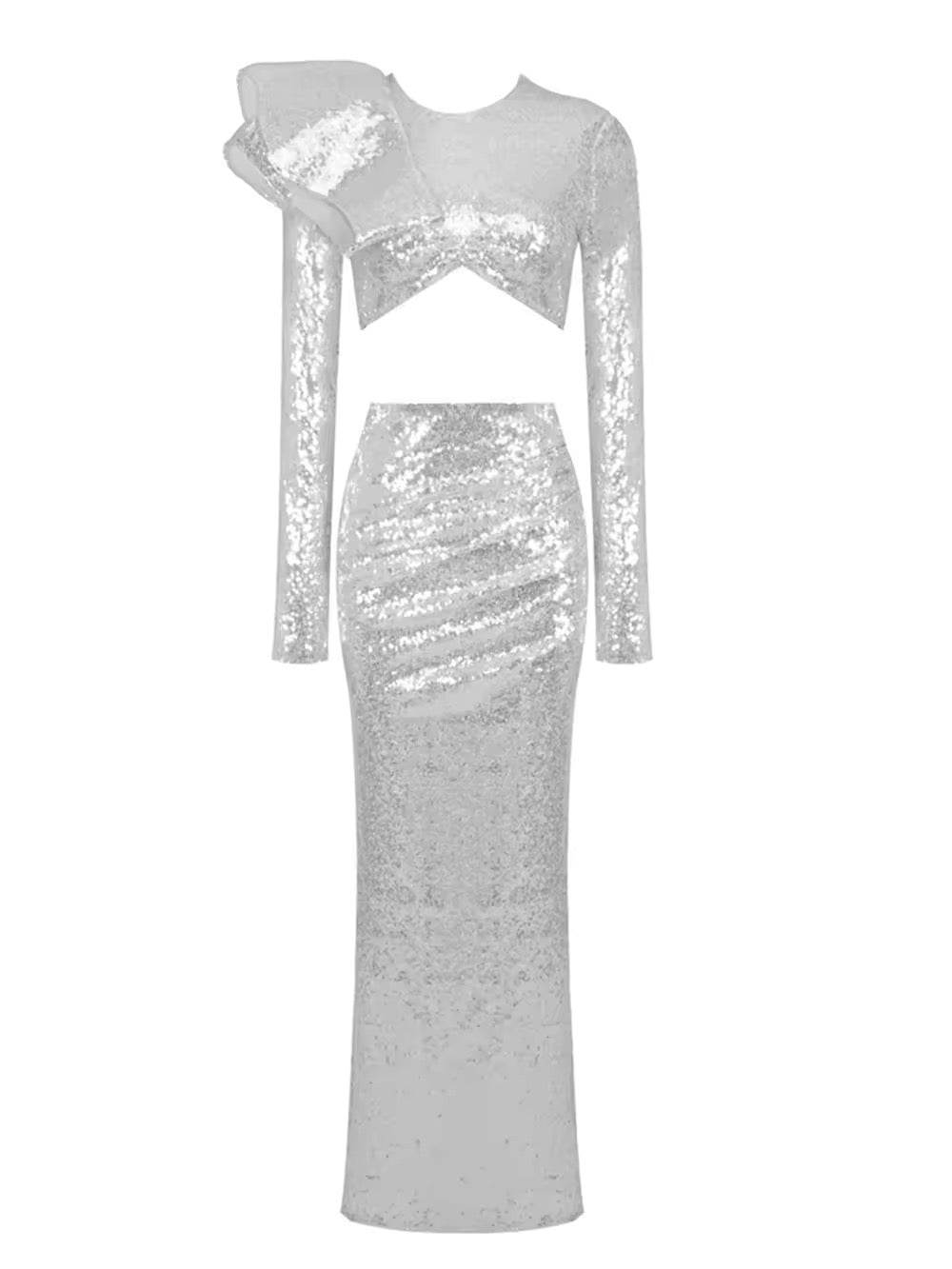 Sequins Ruffle Two Pieces Set Elegant O Neck Full Sleeve Crop Tops Long Skirt - REBECATHELABEL