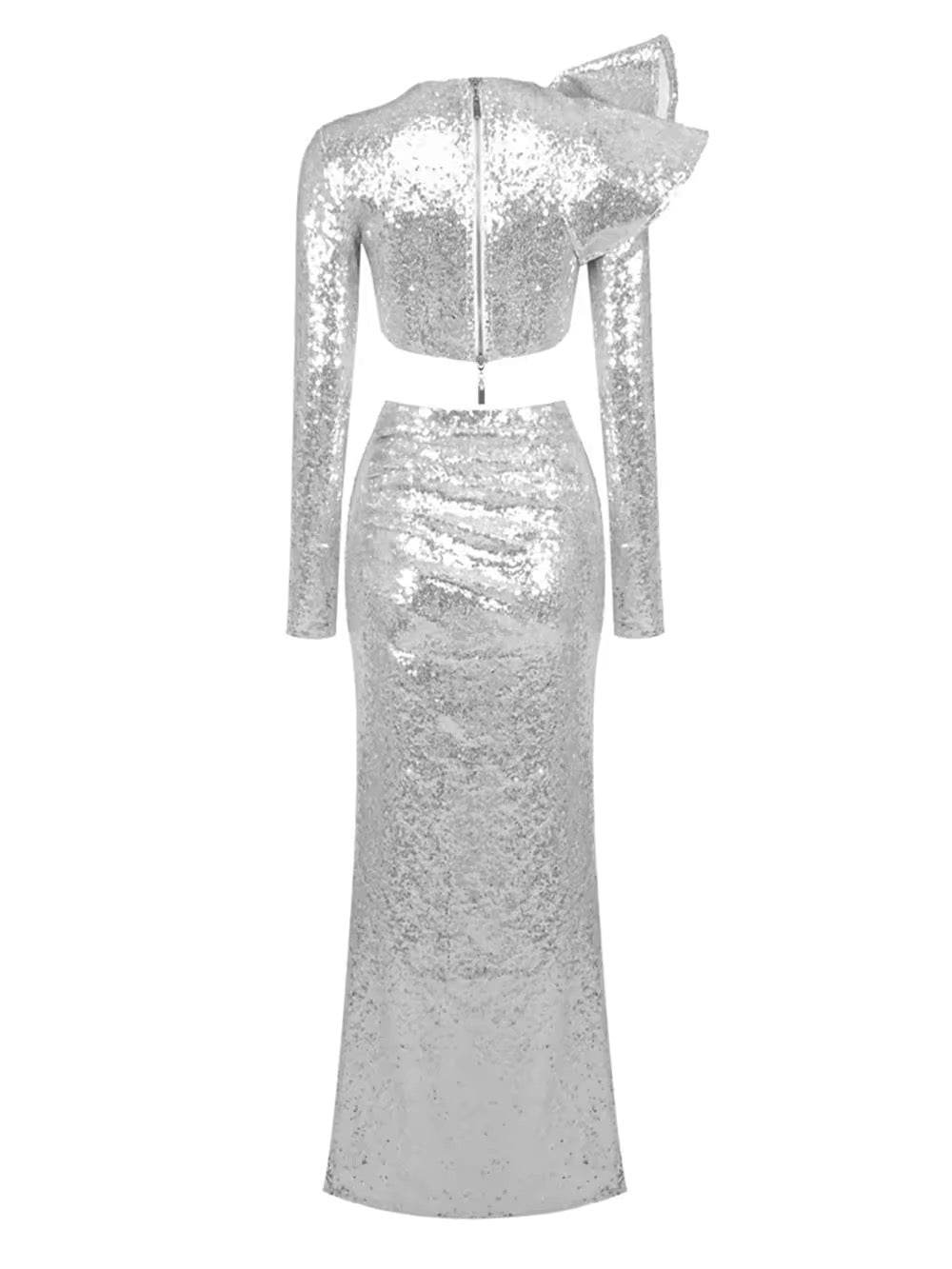 Sequins Ruffle Two Pieces Set Elegant O Neck Full Sleeve Crop Tops Long Skirt - REBECATHELABEL