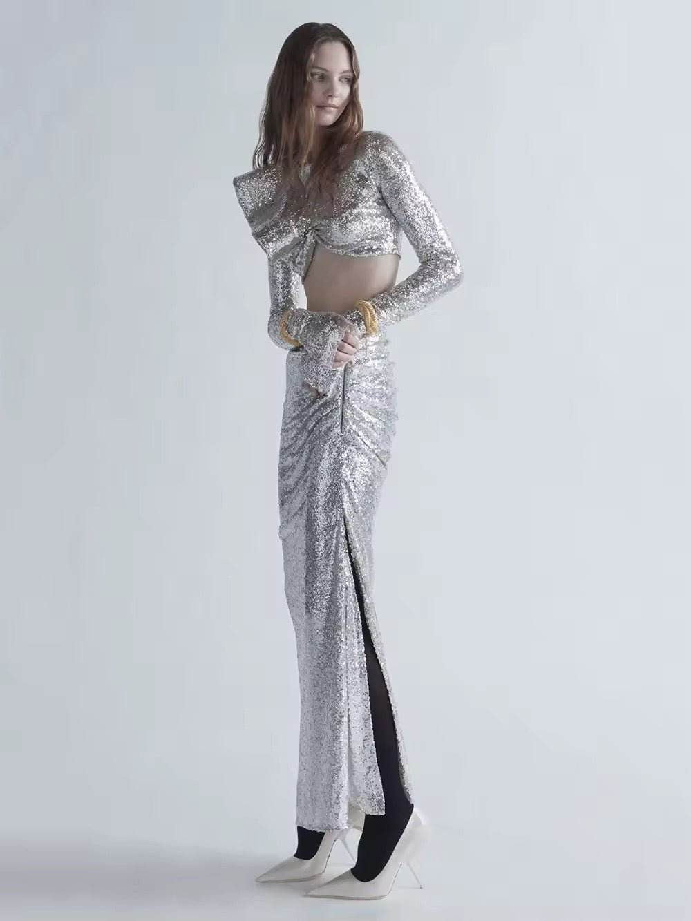 Sequins Ruffle Two Pieces Set Elegant O Neck Full Sleeve Crop Tops Long Skirt - REBECATHELABEL