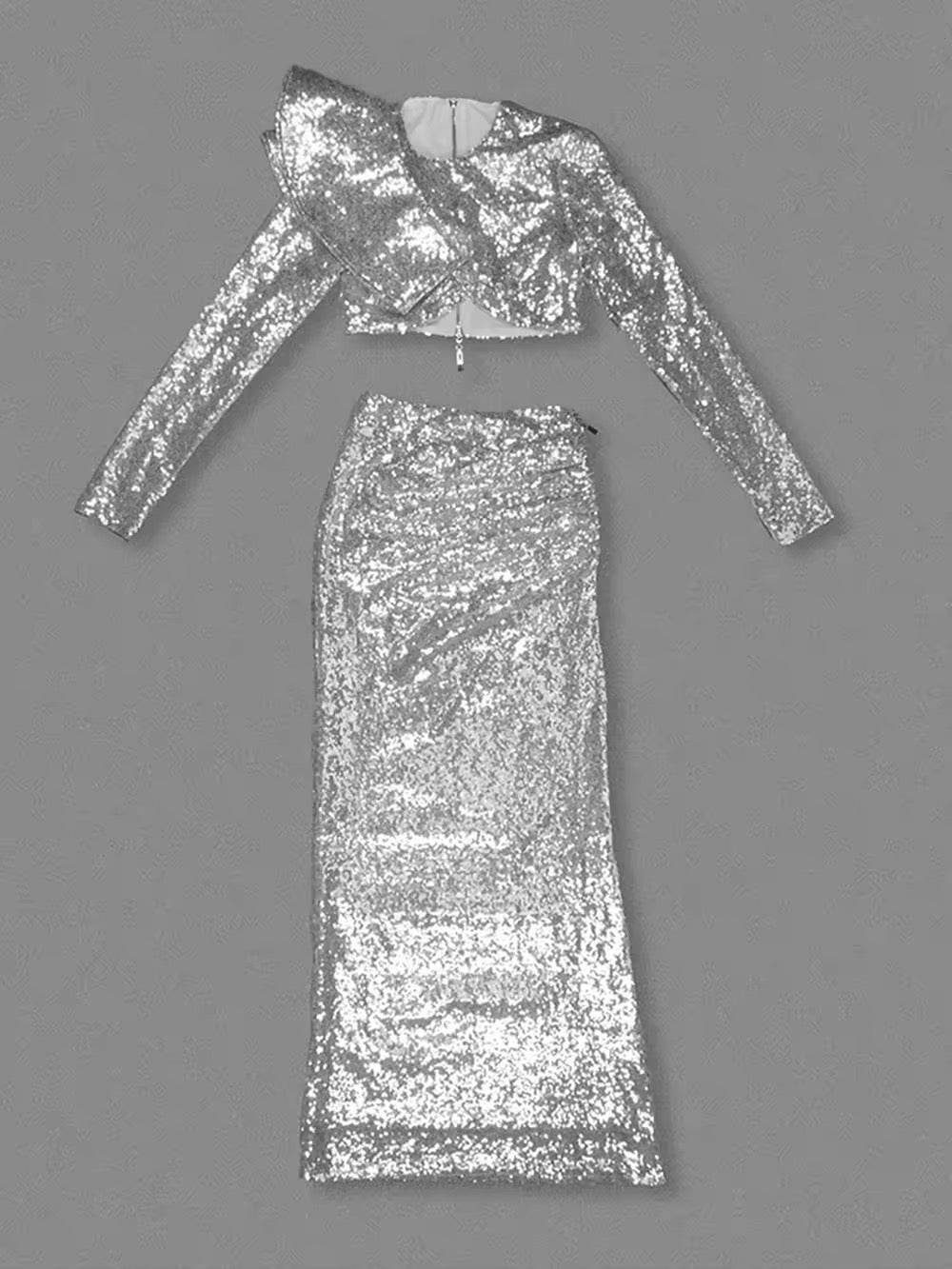 Sequins Ruffle Two Pieces Set Elegant O Neck Full Sleeve Crop Tops Long Skirt - REBECATHELABEL