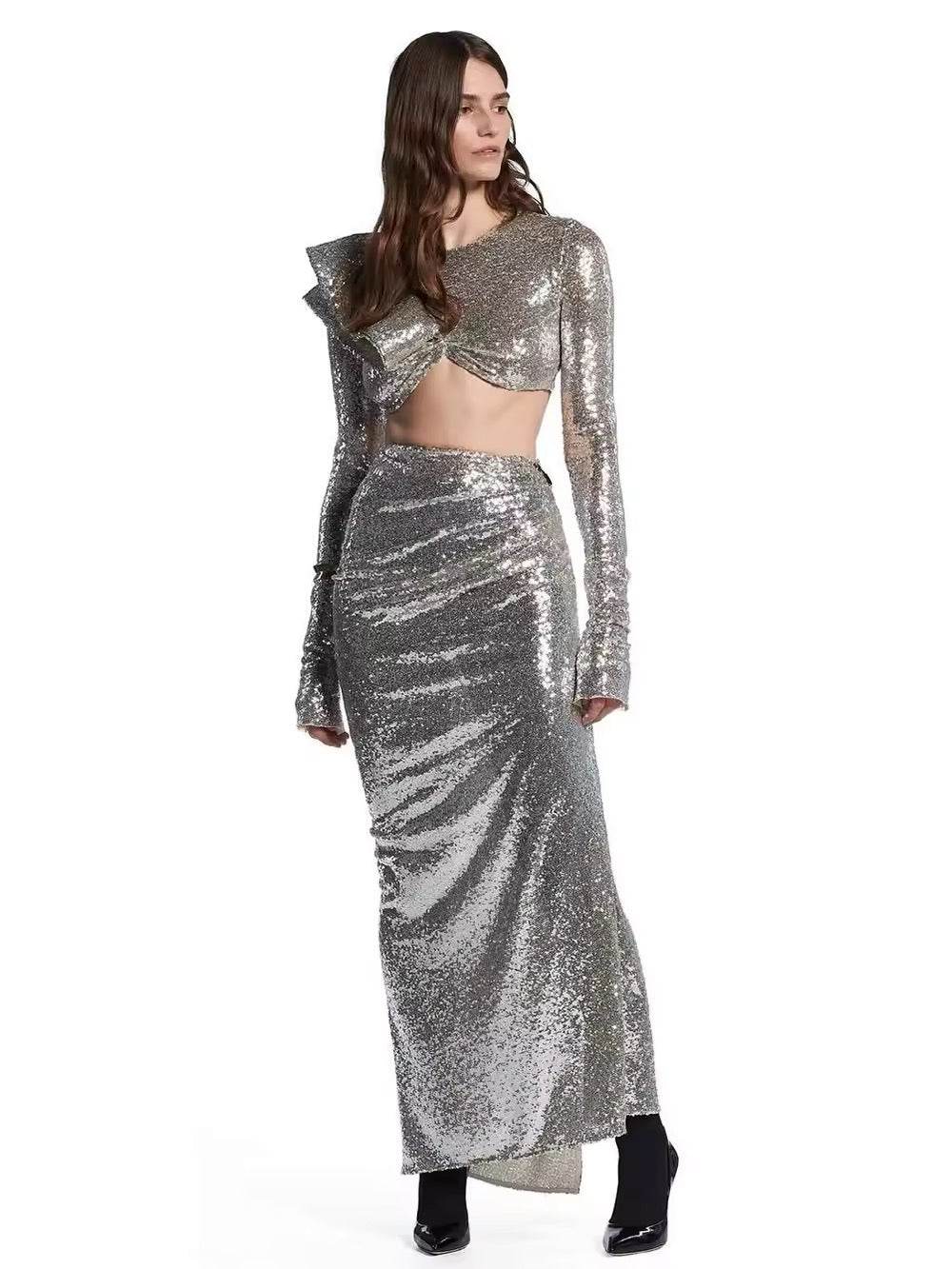 Sequins Ruffle Two Pieces Set Elegant O Neck Full Sleeve Crop Tops Long Skirt - REBECATHELABEL