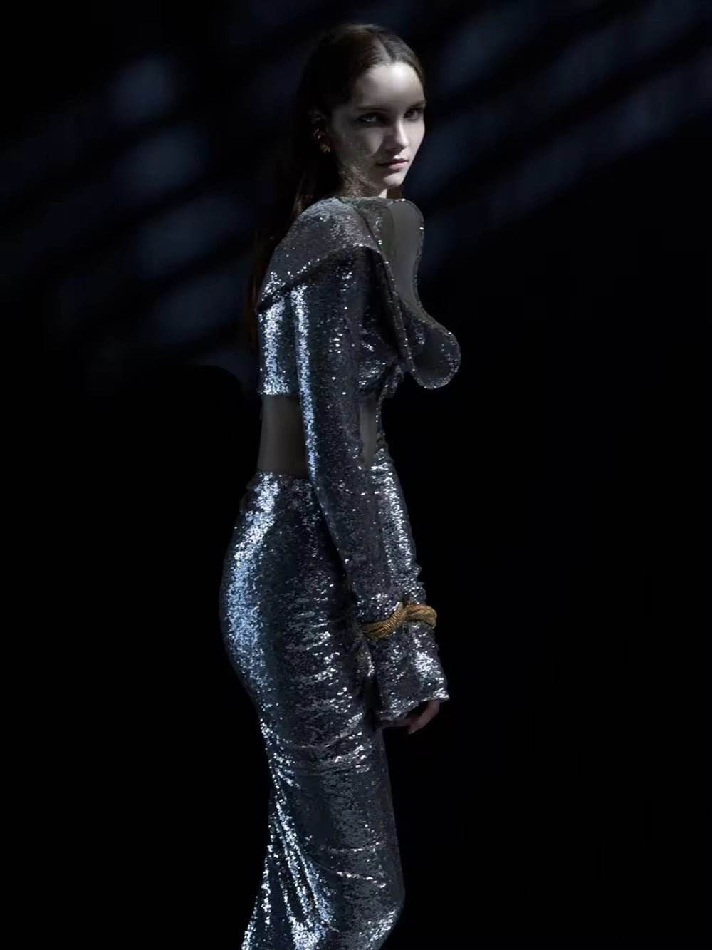 Sequins Ruffle Two Pieces Set Elegant O Neck Full Sleeve Crop Tops Long Skirt - REBECATHELABEL