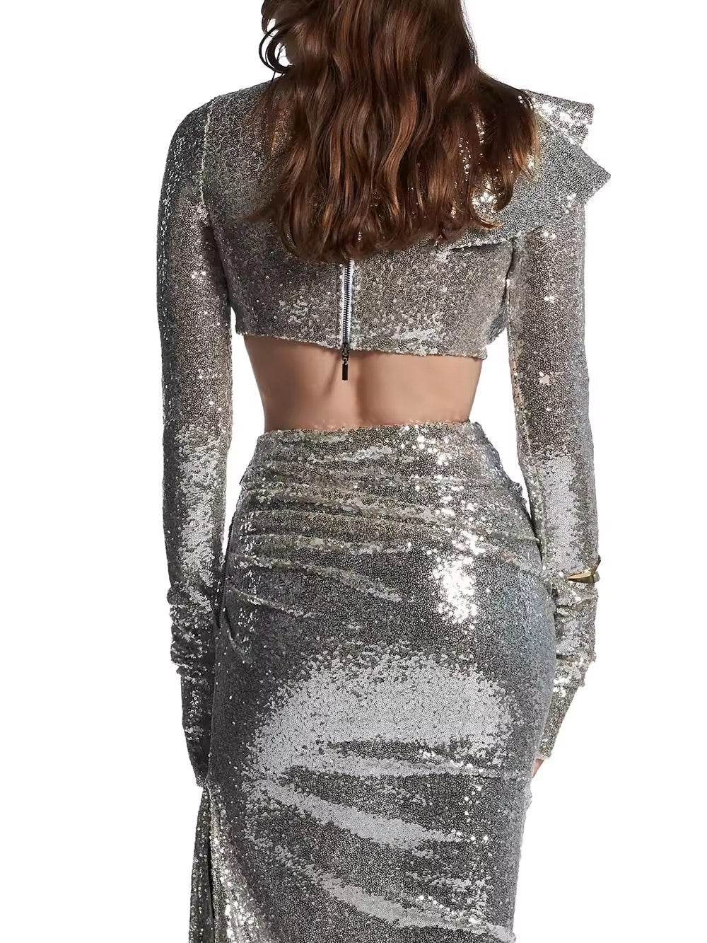 Sequins Ruffle Two Pieces Set Elegant O Neck Full Sleeve Crop Tops Long Skirt - REBECATHELABEL