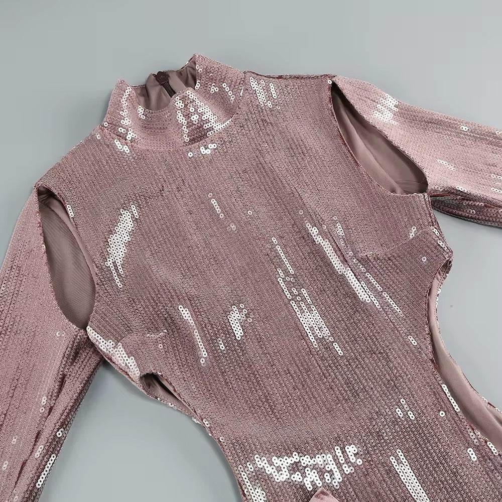 Sequins Side Slit Bow Long Sleeves Maxi Dress - REBECATHELABEL