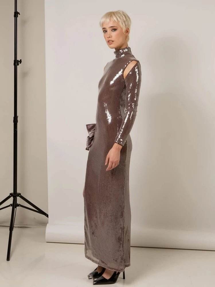 Sequins Side Slit Bow Long Sleeves Maxi Dress - REBECATHELABEL