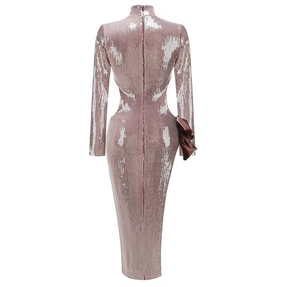 Sequins Side Slit Bow Long Sleeves Maxi Dress - REBECATHELABEL