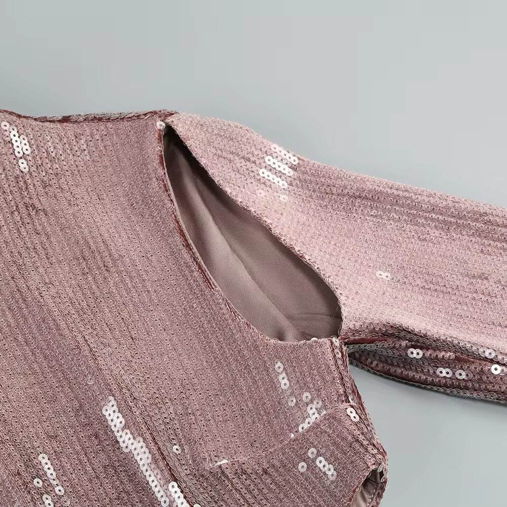 Sequins Side Slit Bow Long Sleeves Maxi Dress - REBECATHELABEL