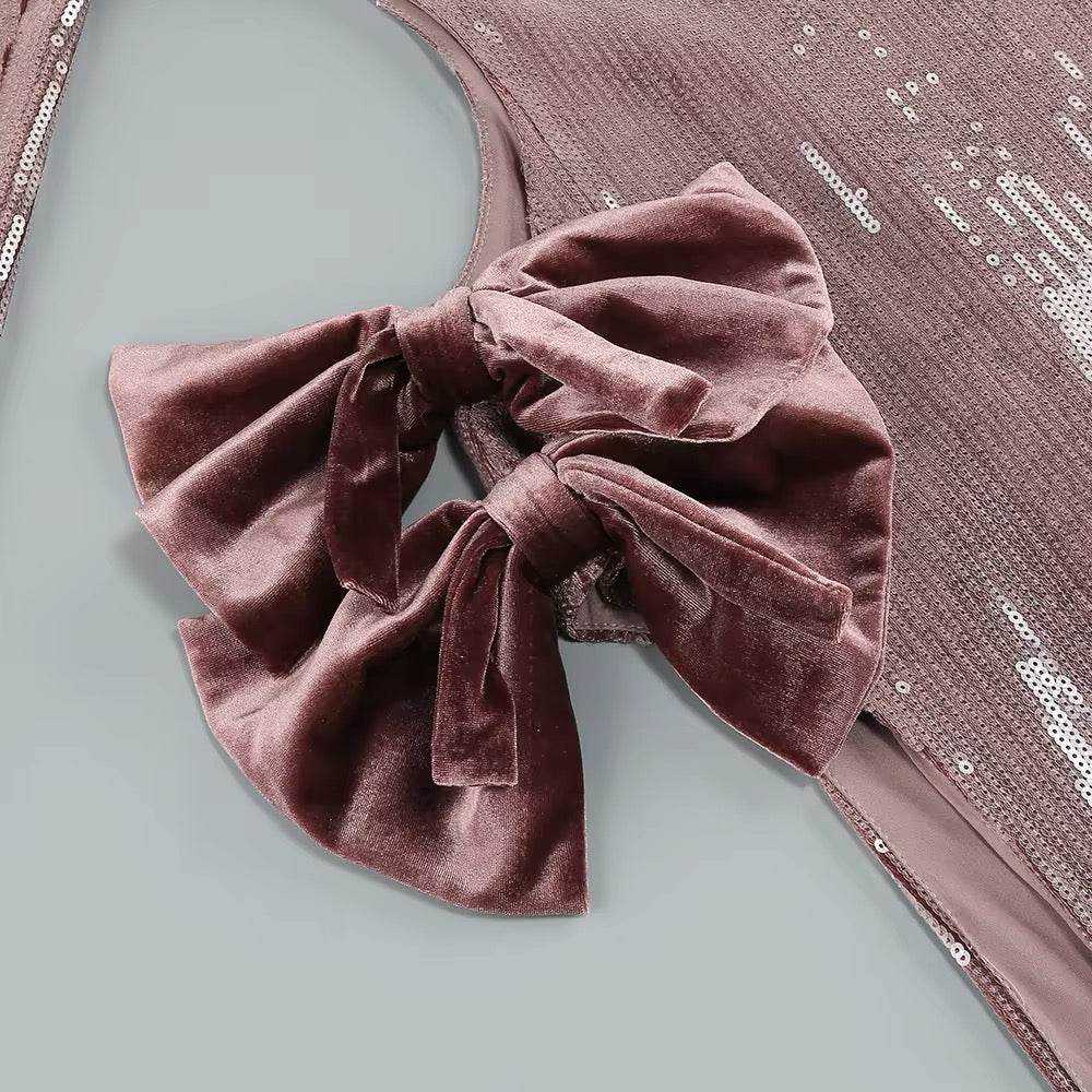 Sequins Side Slit Bow Long Sleeves Maxi Dress - REBECATHELABEL