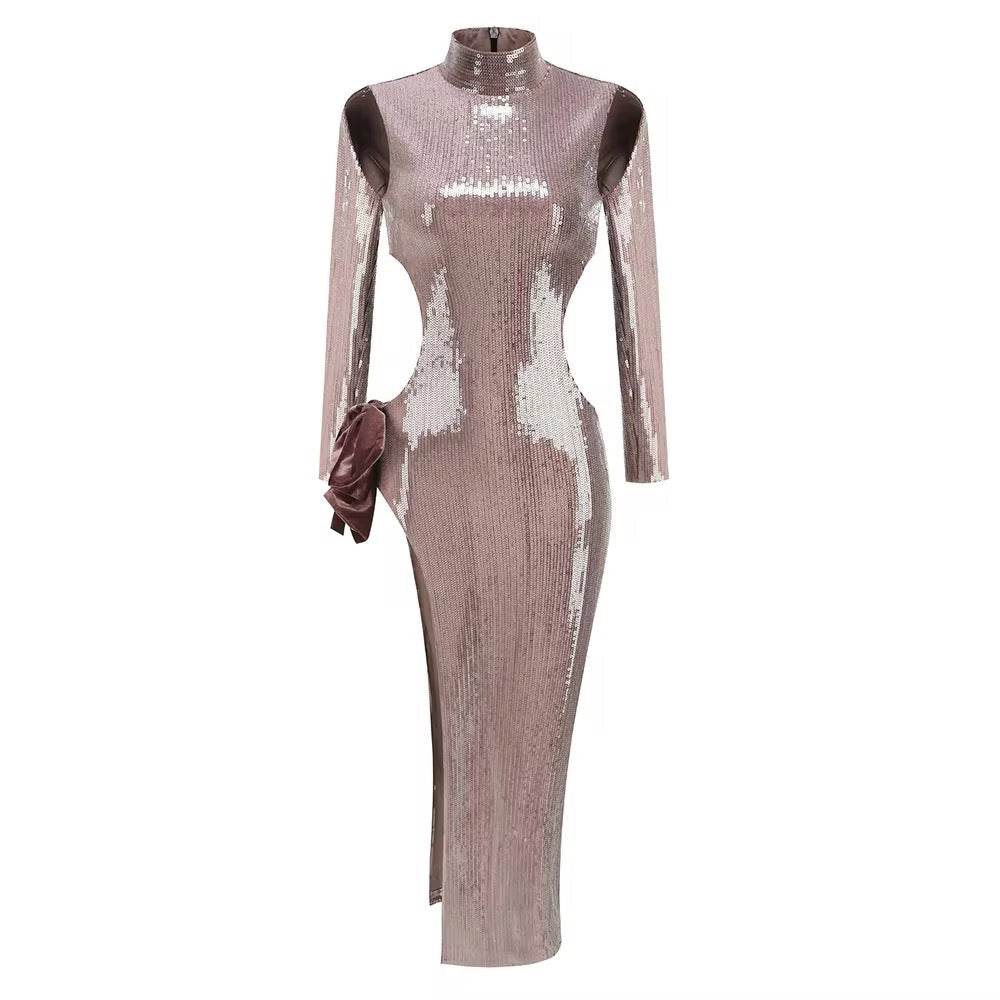 Sequins Side Slit Bow Long Sleeves Maxi Dress - REBECATHELABEL