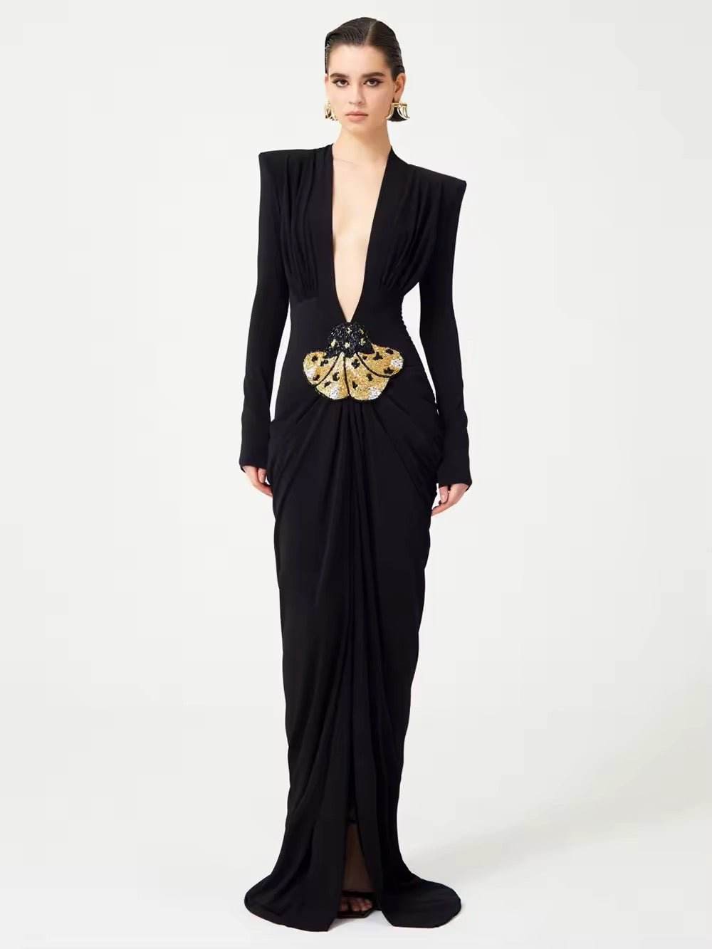 Sexy Deep V-Neck Bead Sequin Butterfly Long Sleeved dress - REBECATHELABEL