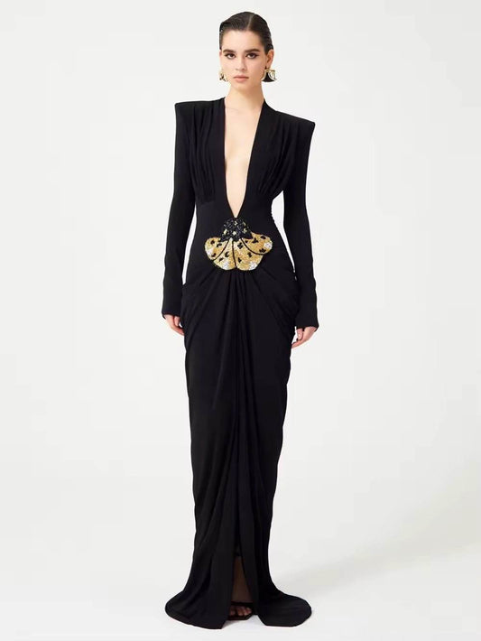 Sexy Deep V-Neck Bead Sequin Butterfly Long Sleeved dress - REBECATHELABEL