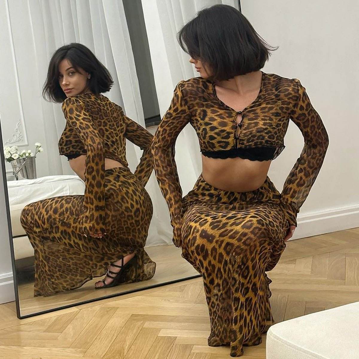 Sexy Gauzy Cardigan Cropped Top Slim Fit See through Skirt Set - REBECATHELABEL