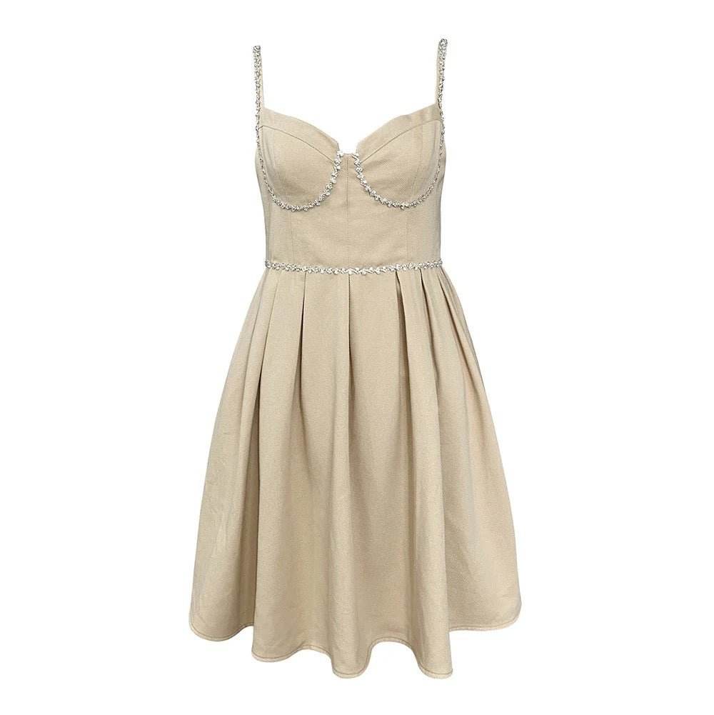 Sexy Sleeveless A-line Denim Diamond Mini Dress - REBECATHELABEL