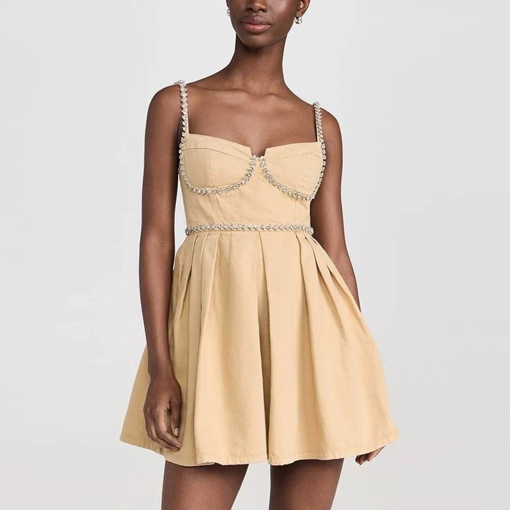 Sexy Sleeveless A-line Denim Diamond Mini Dress - REBECATHELABEL