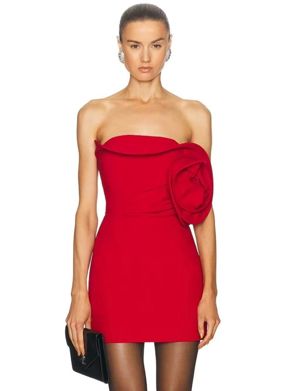 Sexy Strapless 3D Flower Fishbone Mini Dress - REBECATHELABEL