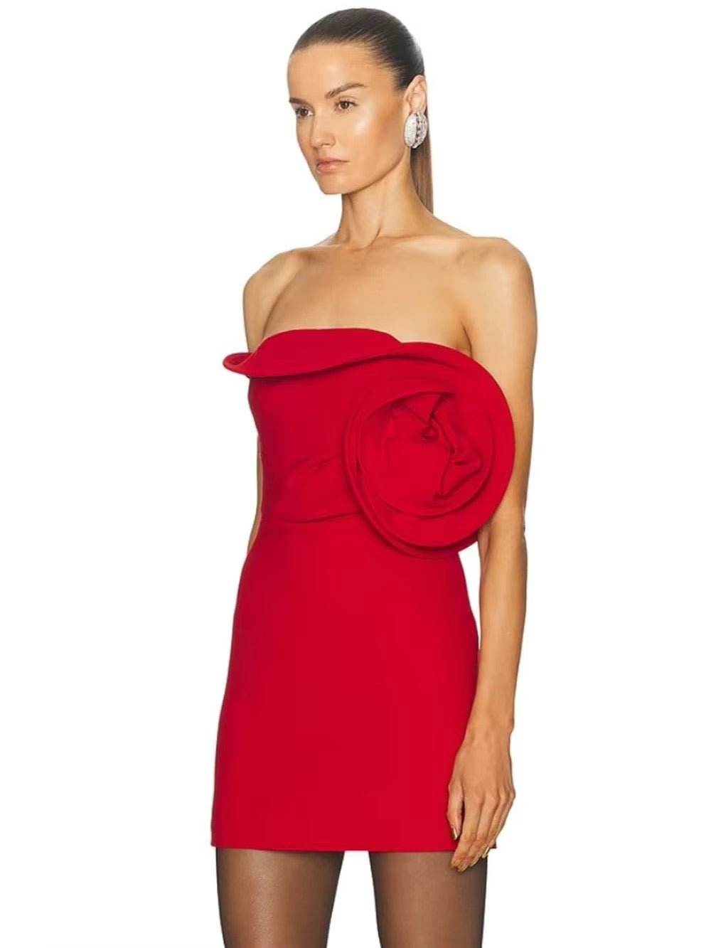 Sexy Strapless 3D Flower Fishbone Mini Dress - REBECATHELABEL