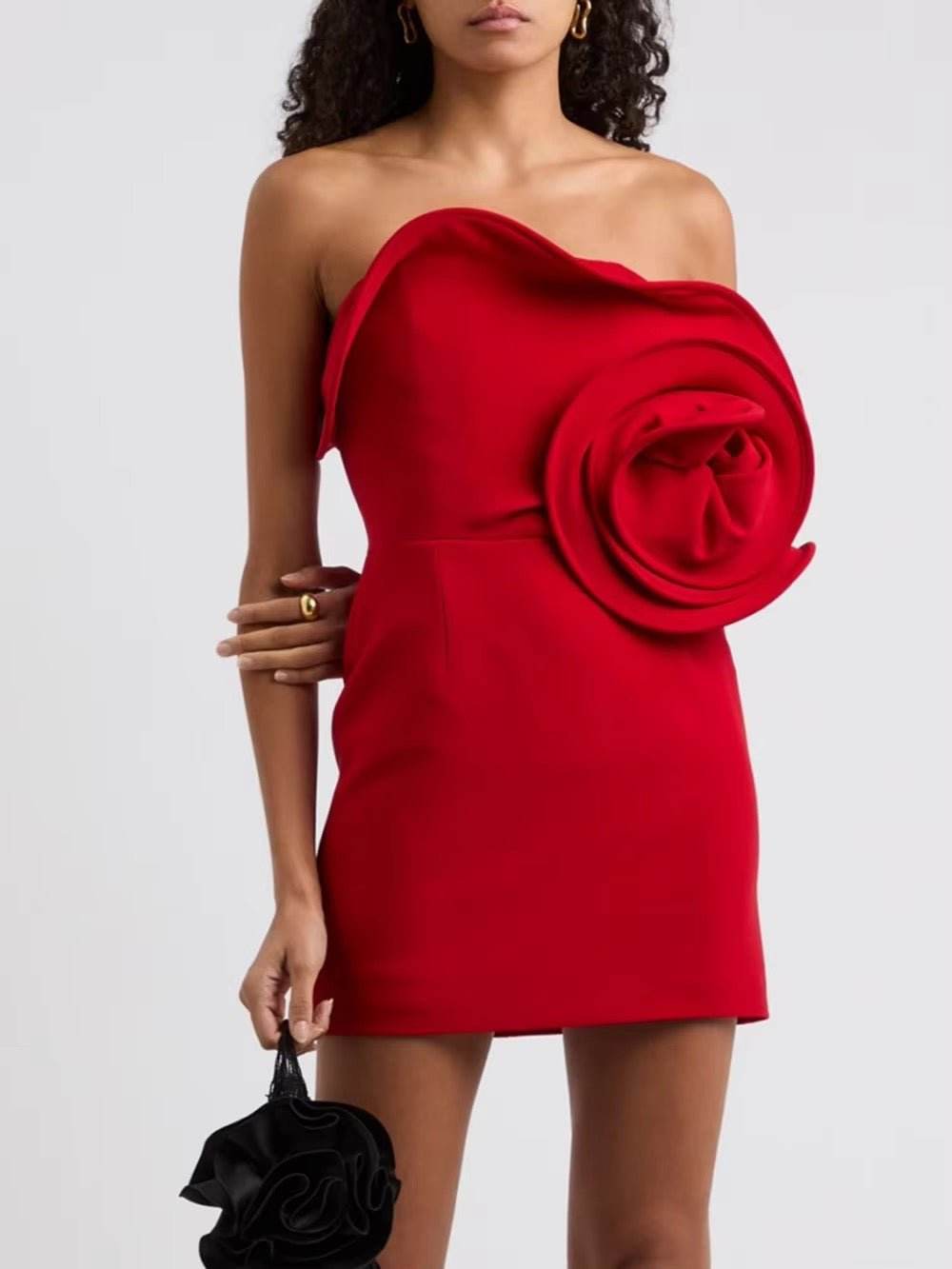Sexy Strapless 3D Flower Fishbone Mini Dress - REBECATHELABEL