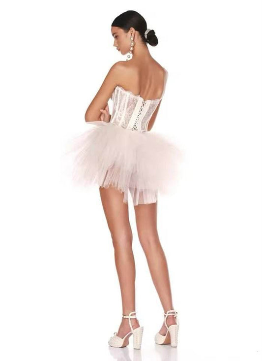 Sexy Strapless Waistband Lace Mesh Fluffy Mini Dress - REBECATHELABEL