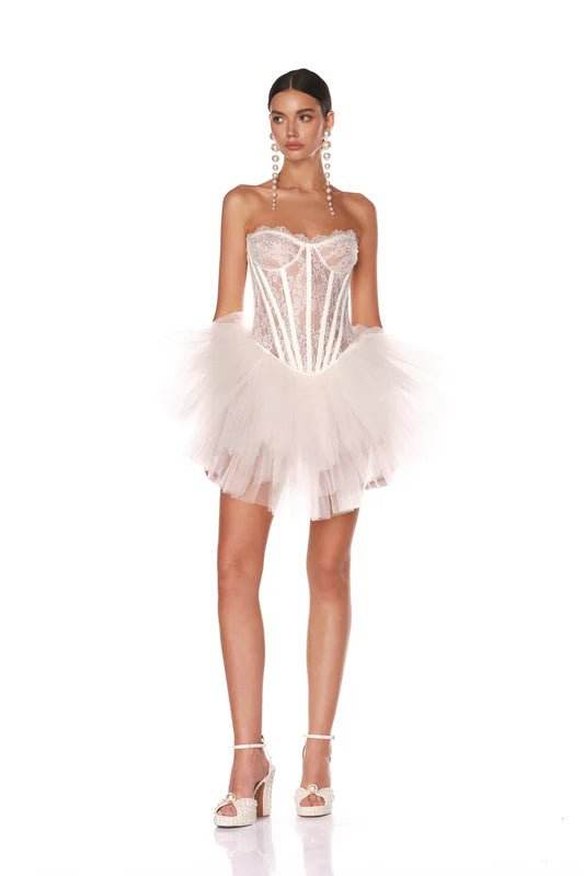 Sexy Strapless Waistband Lace Mesh Fluffy Mini Dress - REBECATHELABEL