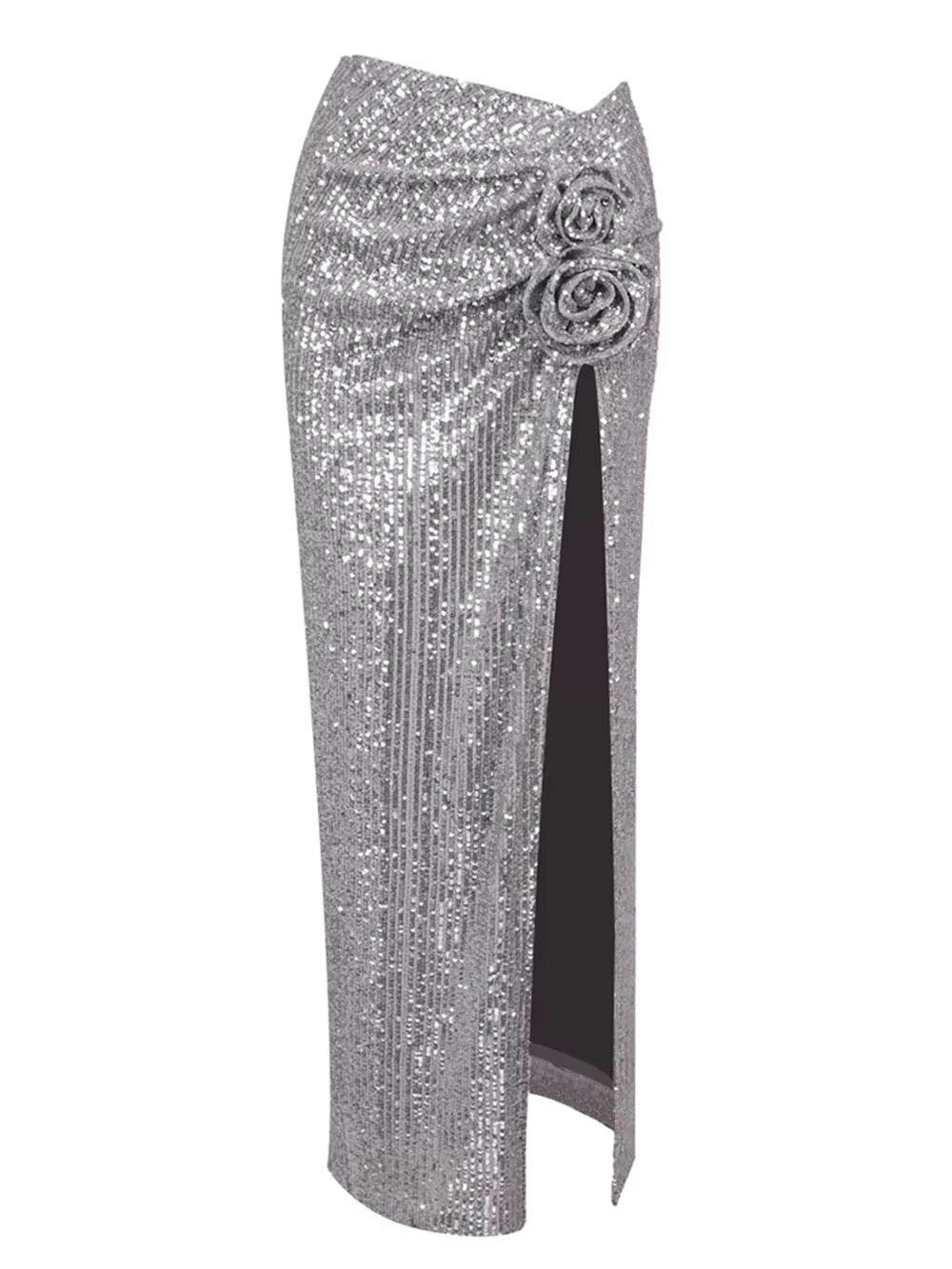Silver Sequin Flower Skirt - REBECATHELABEL