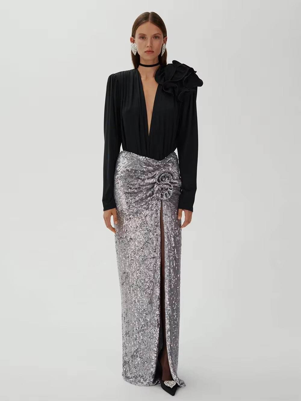 Silver Sequin Flower Skirt - REBECATHELABEL