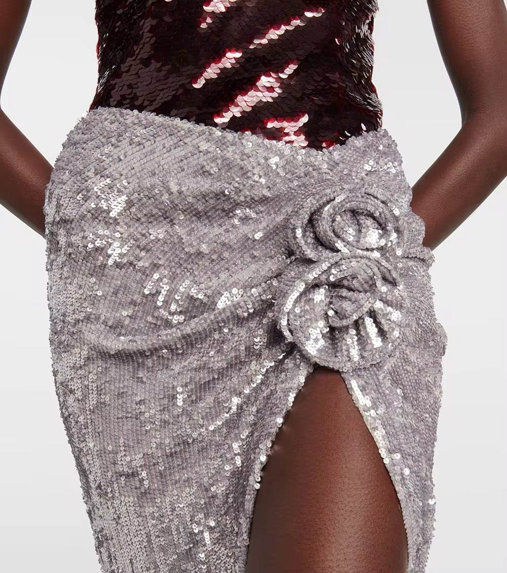 Silver Sequin Flower Skirt - REBECATHELABEL