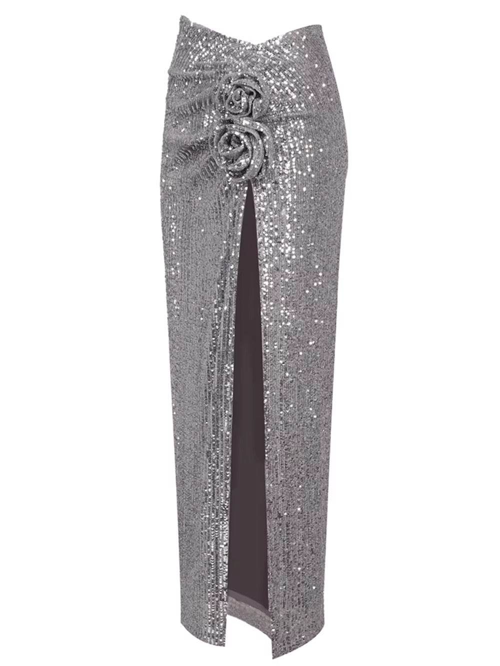 Silver Sequin Flower Skirt - REBECATHELABEL