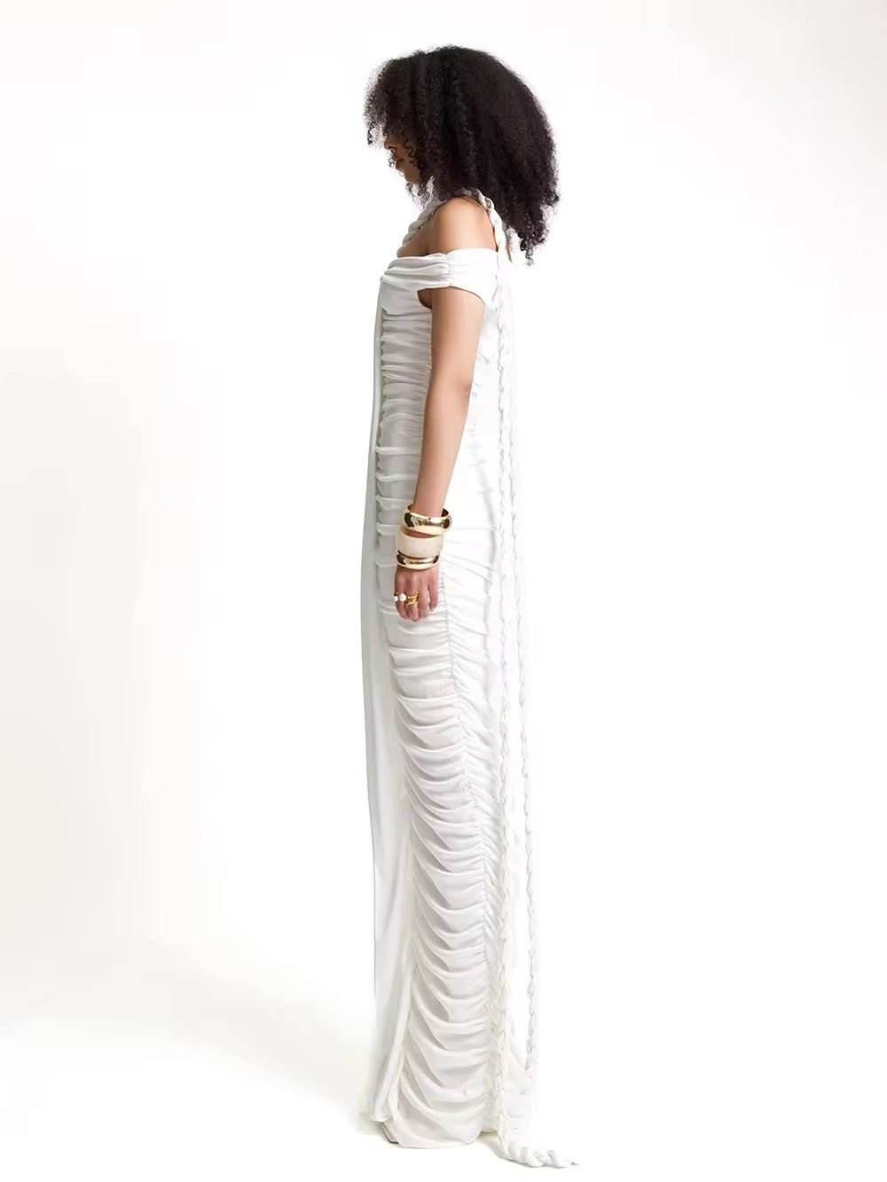 Slash Neck Braided Folds High Waist Elastic Maxi Dress - REBECATHELABEL