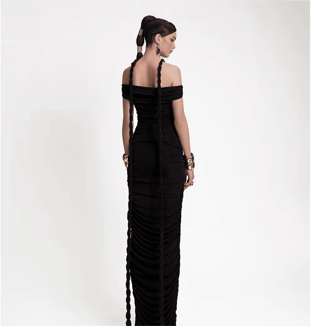 Slash Neck Braided Folds High Waist Elastic Maxi Dress - REBECATHELABEL