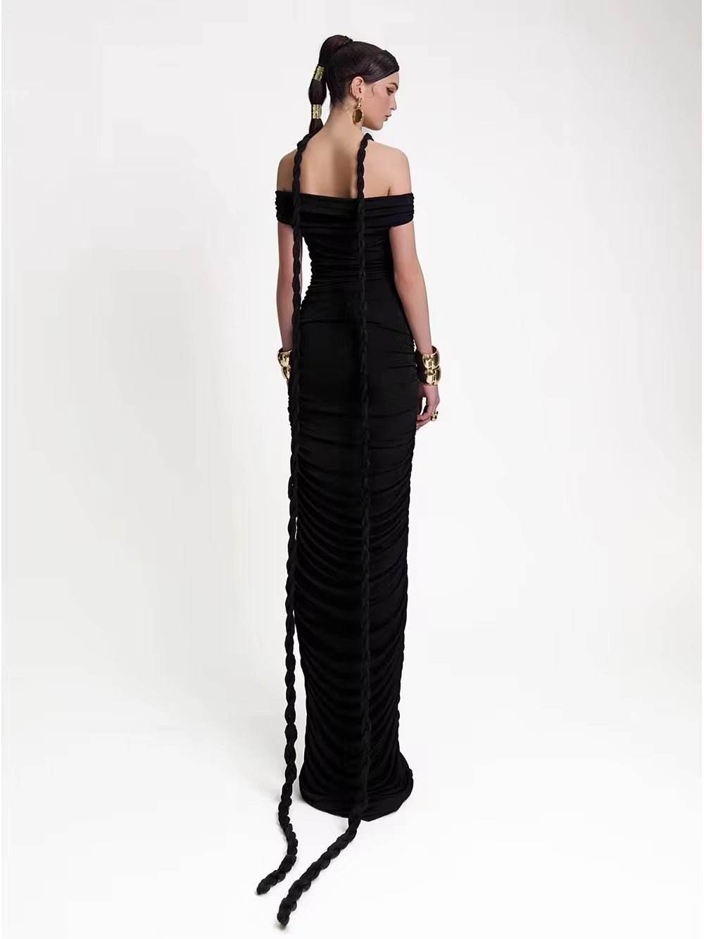 Slash Neck Braided Folds High Waist Elastic Maxi Dress - REBECATHELABEL